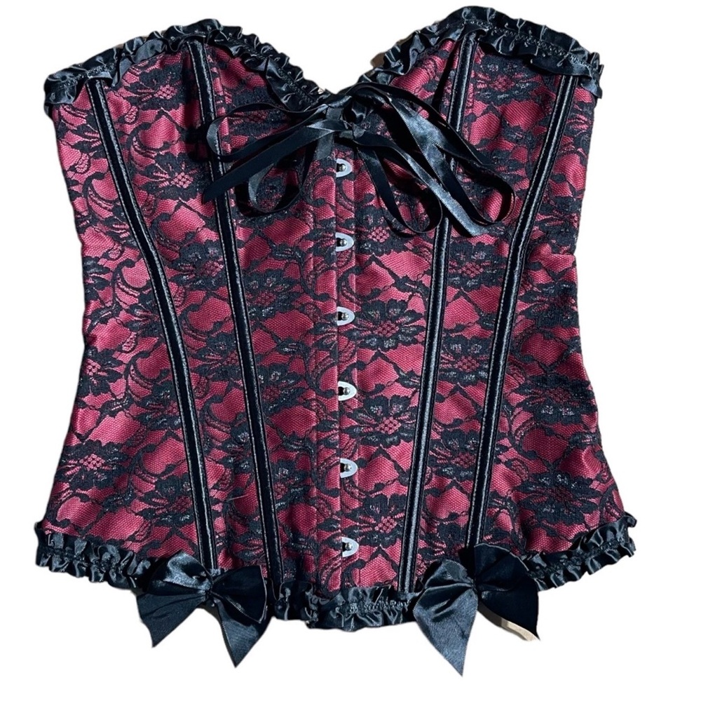 Red Black Lace Satin-Trim Corset Bustier Medium Boned Bustier Overbust Bra
